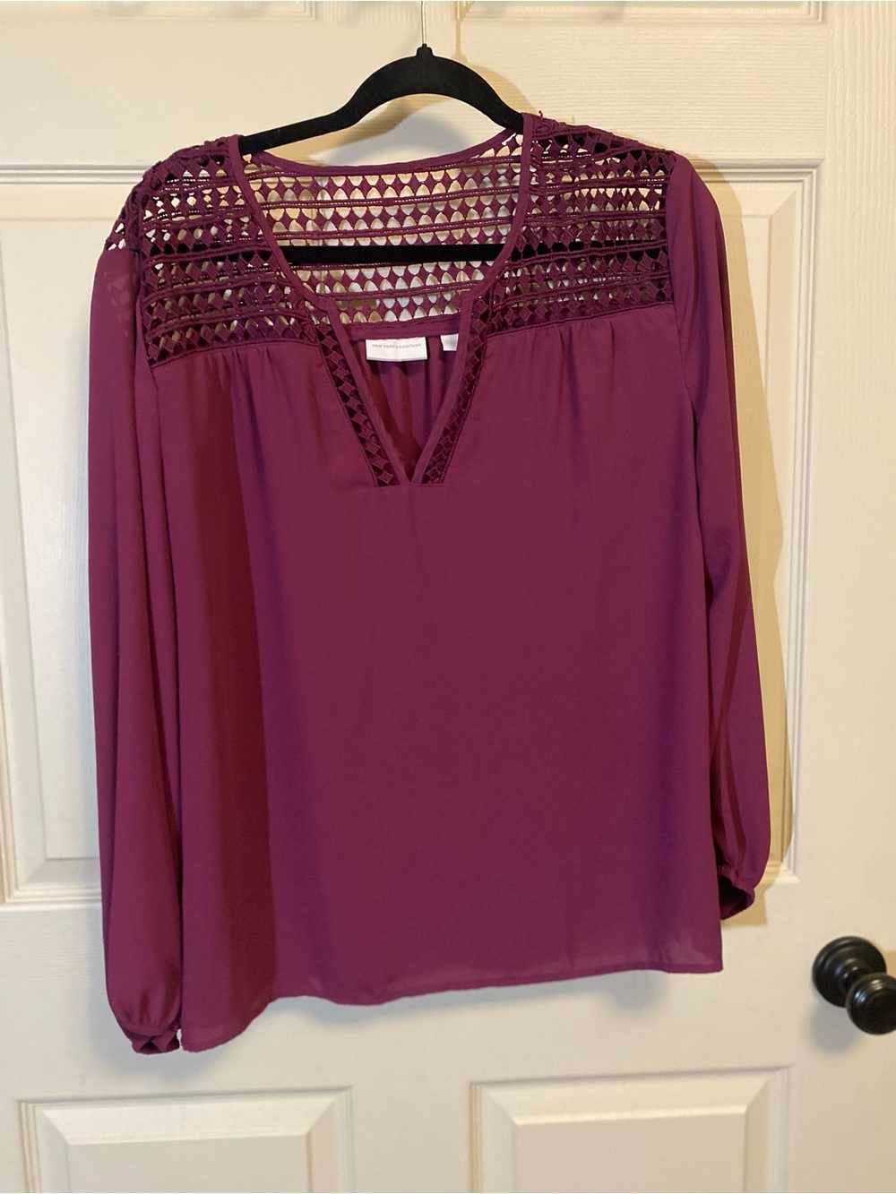 New York & Company Plum Crochet Yoke V-Neck Blouse